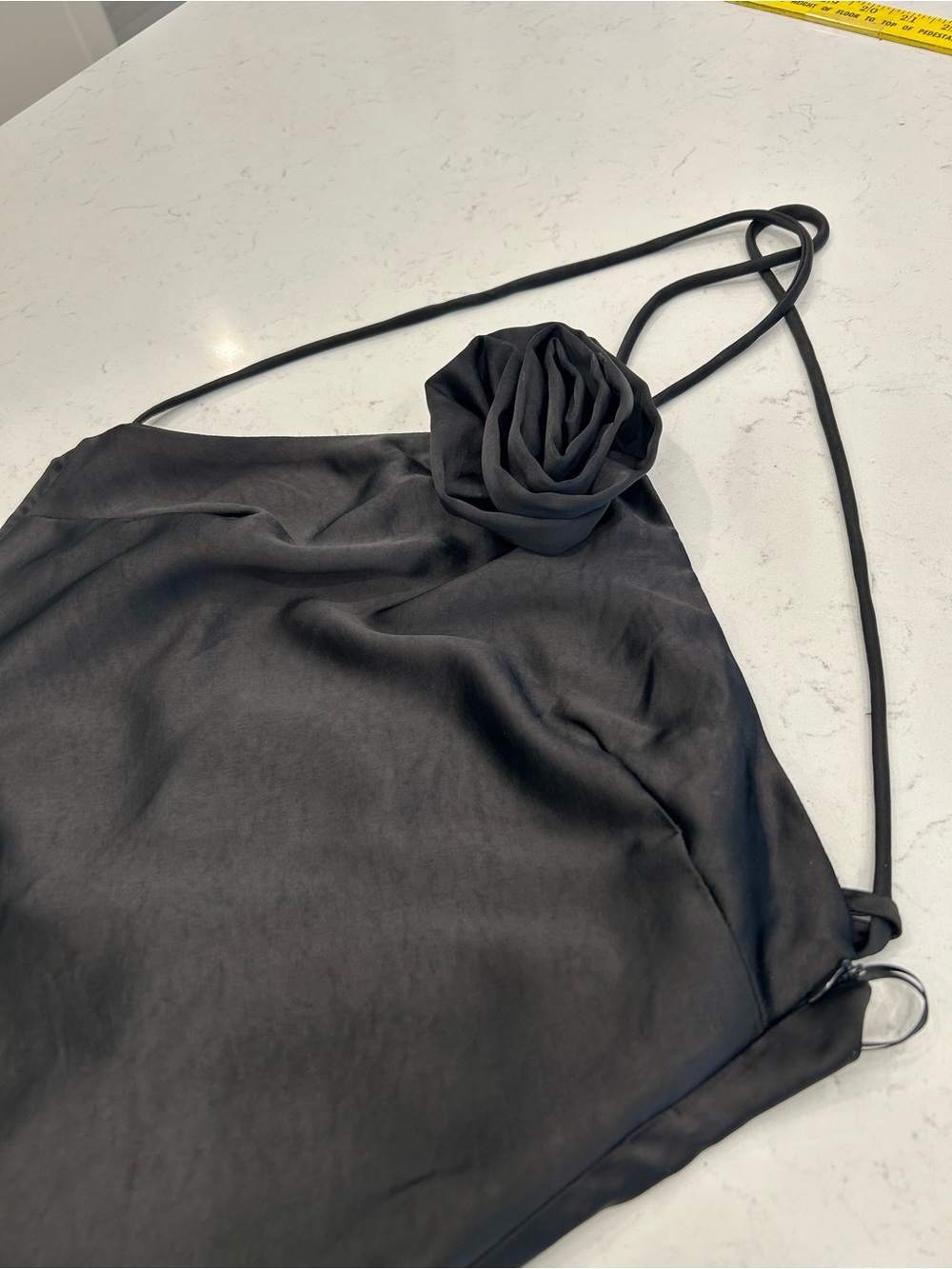 Black Satin Halter Maxi Dress with Rosette Detail